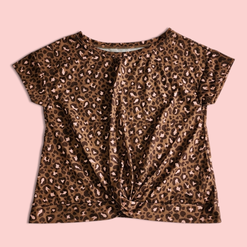Old Navy Girls T-Shirt L (10-12) Leopard Print Brown Pink Casual